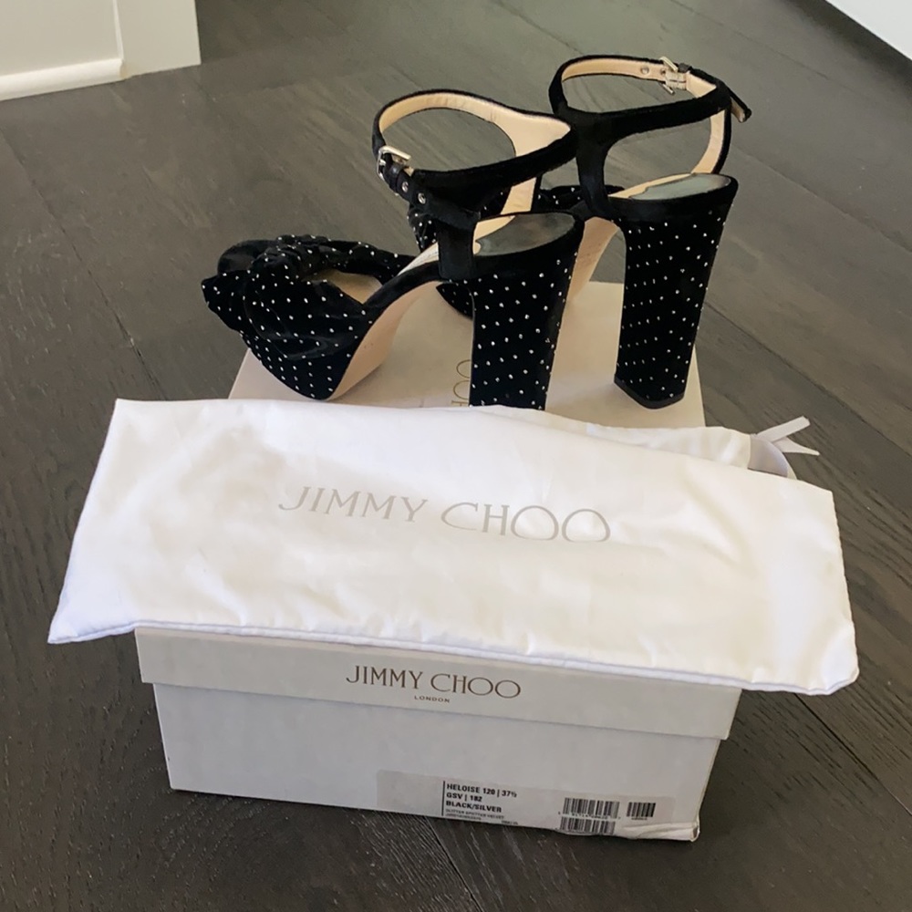 Jimmy Choo Black Heloise velvet platform heels.